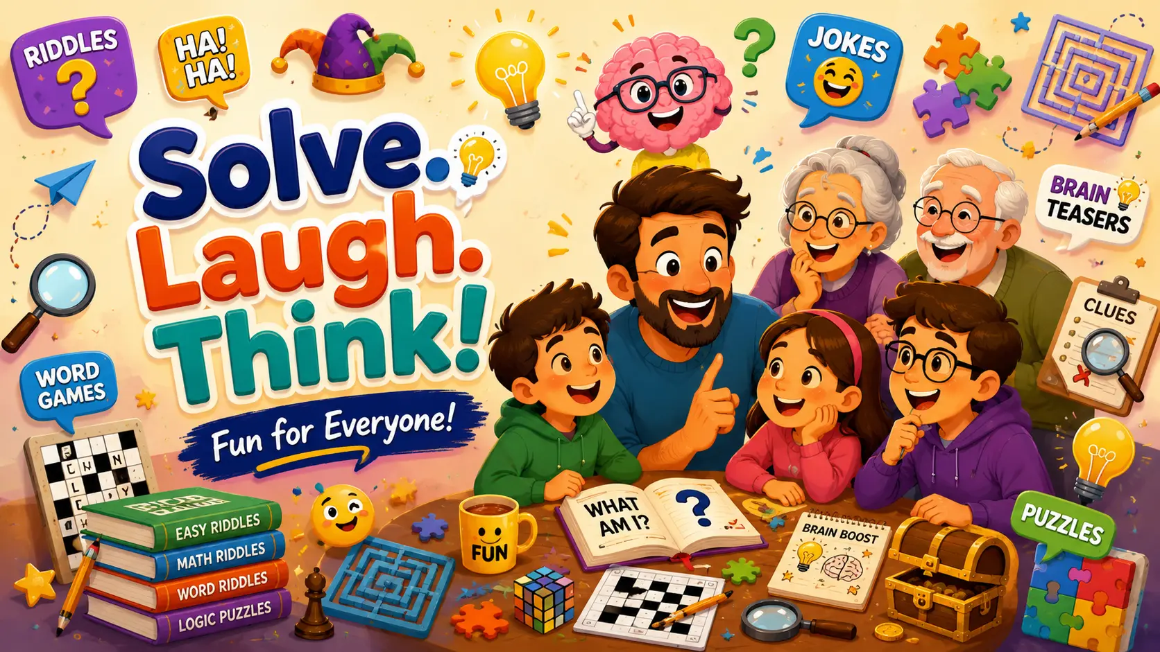 Colorful illustration of a happy family solving riddles, brain teasers, puzzles, word games, and jokes together with a smiling brain mascot, crossword puzzle, Rubik's Cube, and fun learning icons.