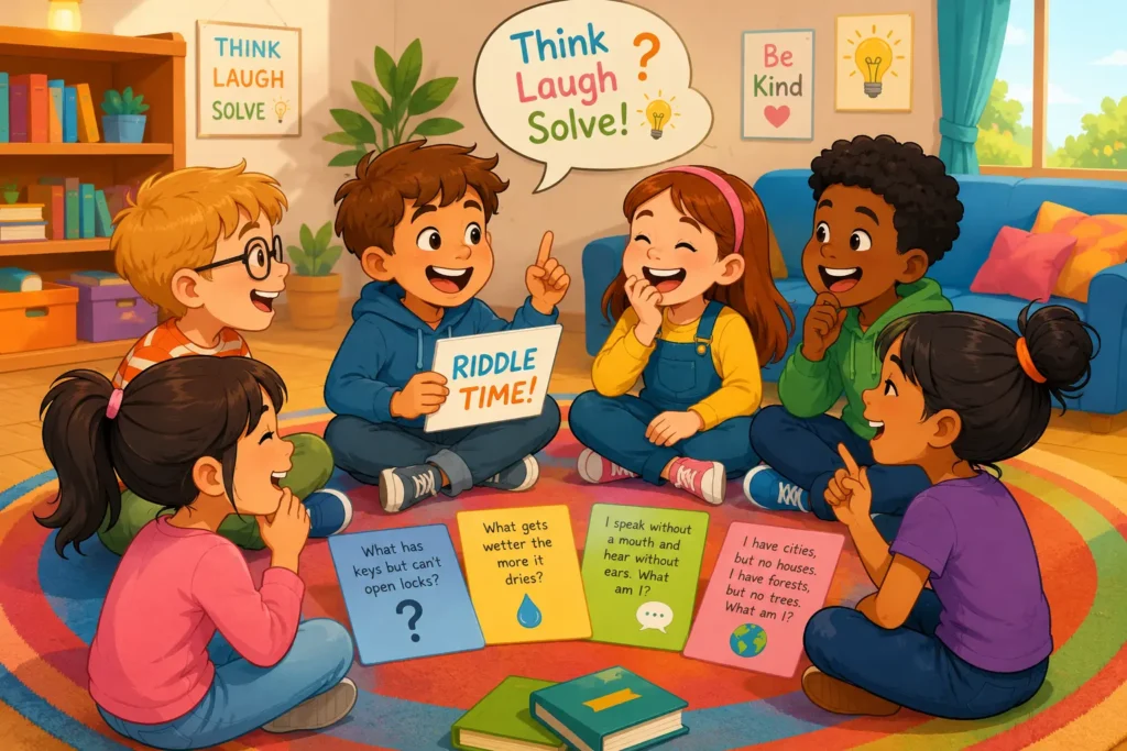 Kids solving riddles for kids together and laughing