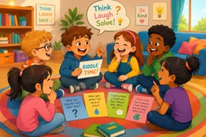 Kids solving riddles for kids together and laughing
