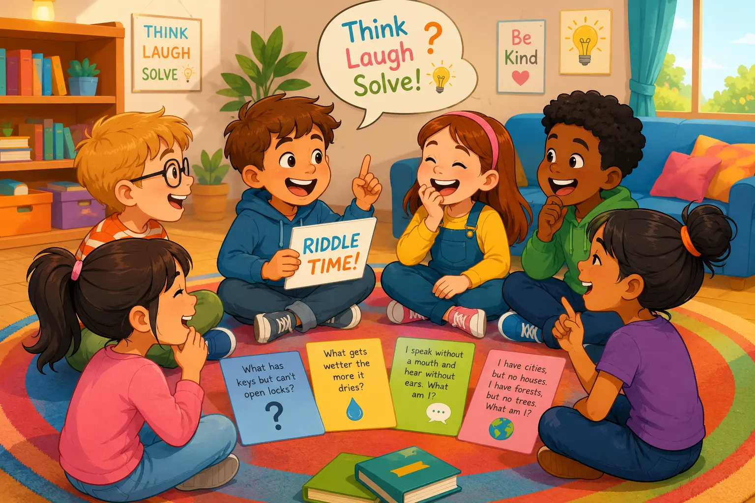 Kids solving riddles for kids together and laughing