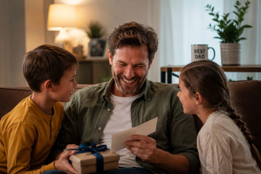 Smiling father receiving a handmade card and wrapped gift from his two children during a warm Father's Day celebration at home.