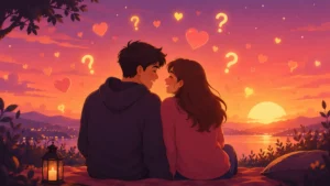 Romantic flat illustration of a smiling young couple sitting closely on a cozy bench at sunset, surrounded by floating hearts, glowing question marks, and sparkles in a warm Valentine's Day atmosphere.
