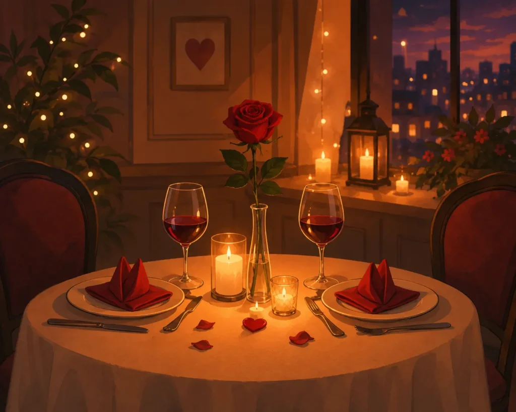 Cozy illustrated candlelit dinner table for two with a single red rose, glowing candles, warm lighting, and an elegant romantic atmosphere.