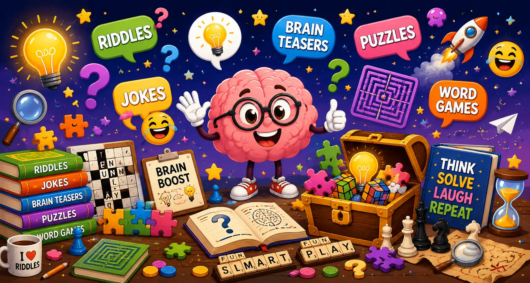 Colorful cartoon footer illustration featuring a smiling brain mascot surrounded by riddles, brain teasers, puzzles, word games, books, puzzle pieces, treasure chest, crossword, chess pieces, Rubik's Cube, light bulbs, and fun learning icons.