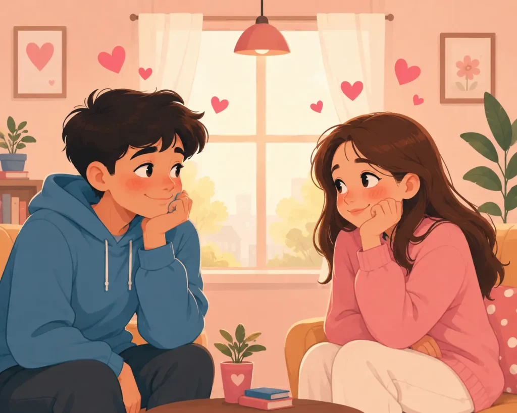 Flat illustration of two cartoon-style characters smiling shyly at each other with blushing cheeks and pink hearts floating above them in a cozy pastel-colored room.
