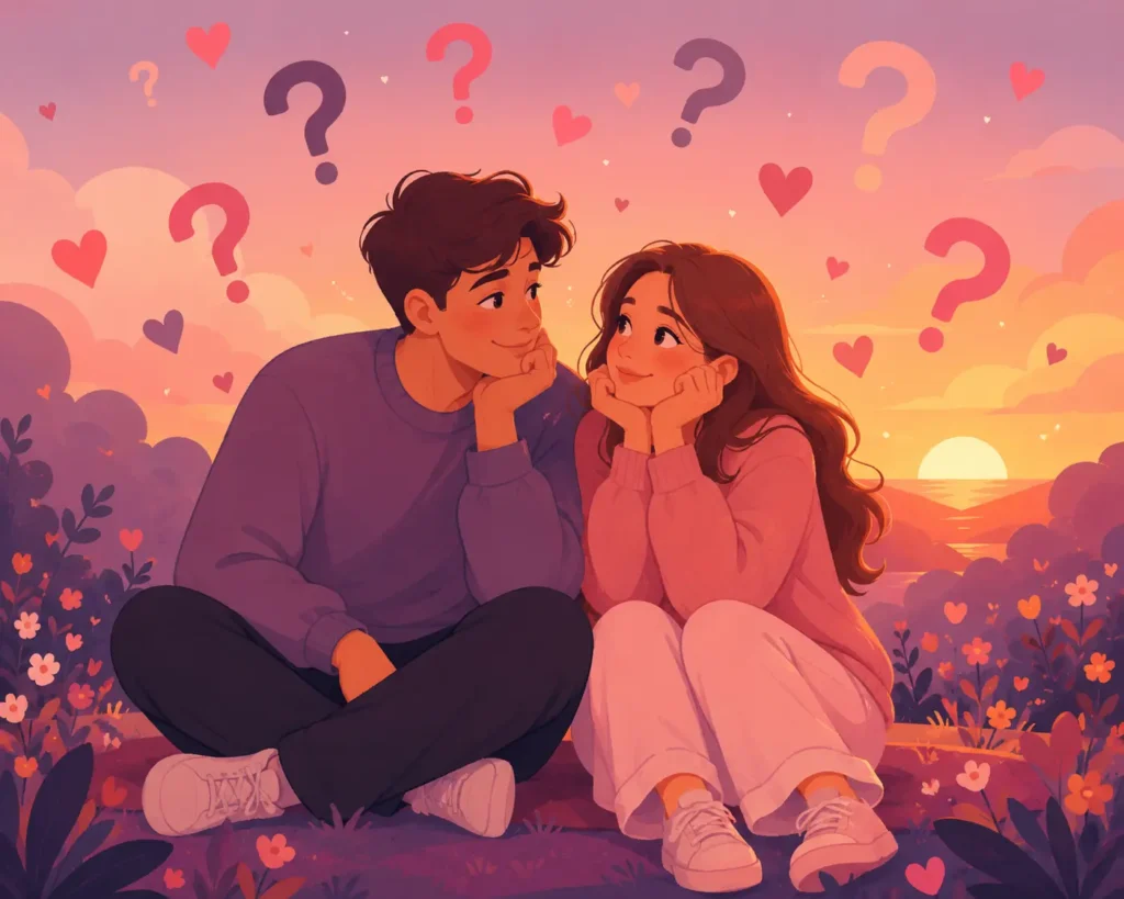 Flat illustration of a romantic couple sitting together at sunset with floating hearts and question marks in a dreamy pastel-colored scene.