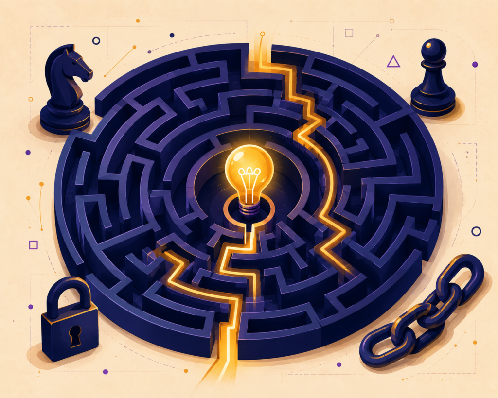 Illustration of a maze leading to a glowing lightbulb symbolizing hard and genius-level riddles

