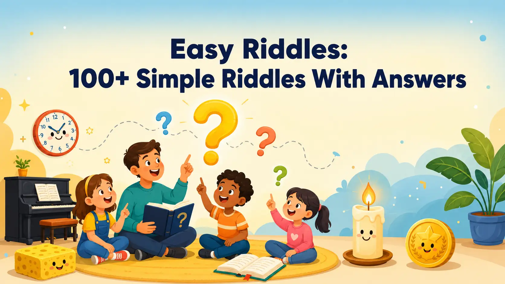 Easy riddles for kids and adults featured image with title text and riddle icons