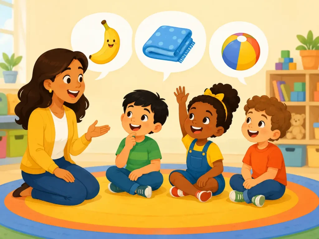 Kindergarten teacher and young students solving easy picture riddles together

