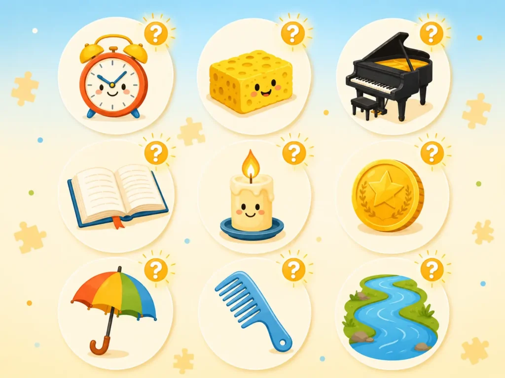 Grid of everyday object icons representing 100 easy riddles with answers