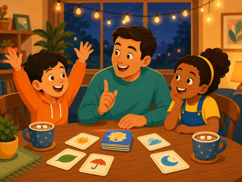 Family enjoying riddle game night together, an example of using riddles with kids