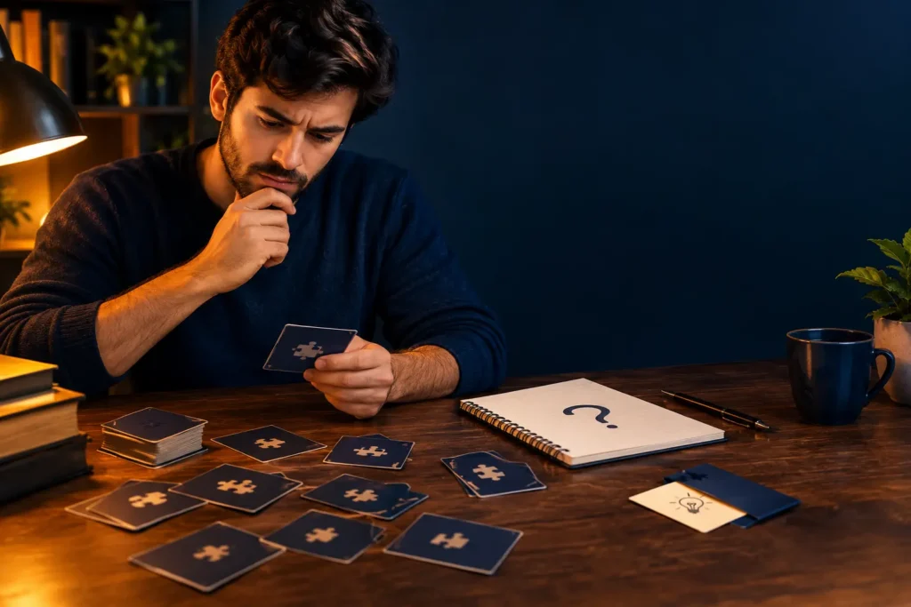 Person solving a difficult riddle with puzzle cards and clues