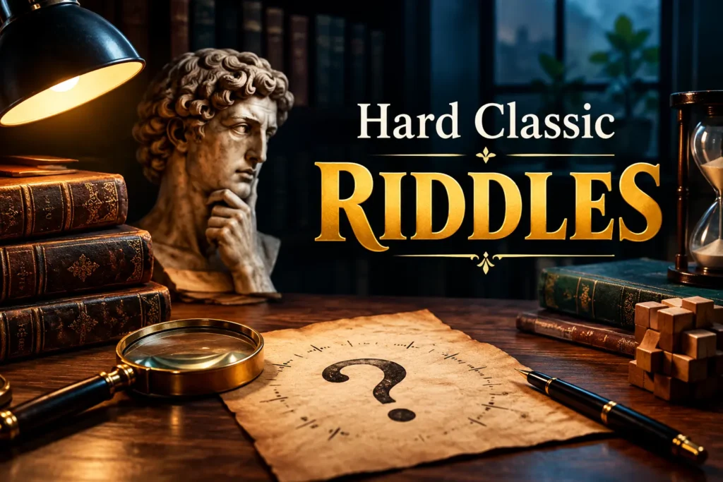 Hard Classic Riddles – Vintage puzzle scene with books, magnifying glass, and mystery clues