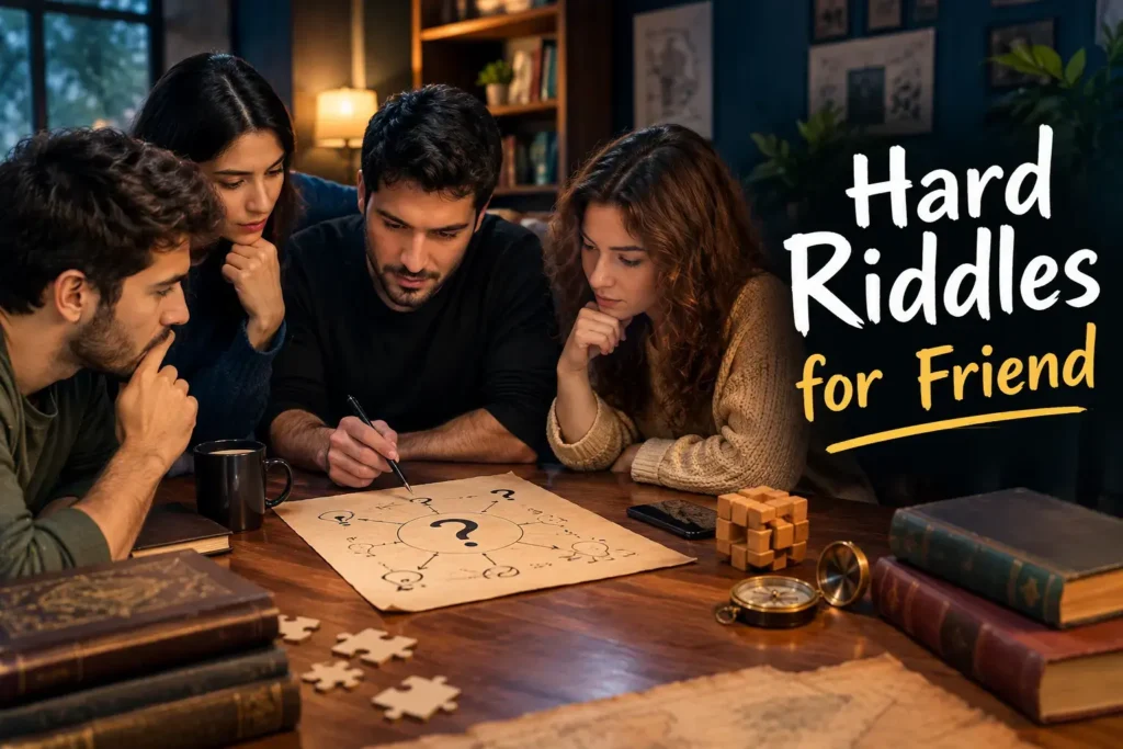 Hard riddles for friends with a group solving challenging puzzles together