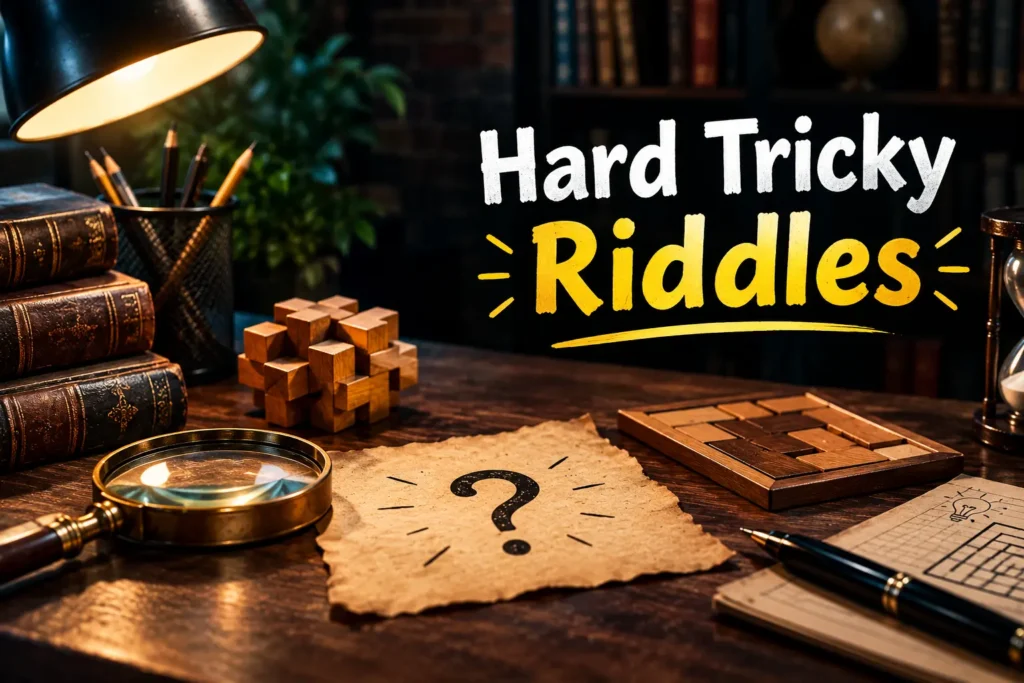 Hard tricky riddles with a magnifying glass, wooden puzzles, and mystery clues