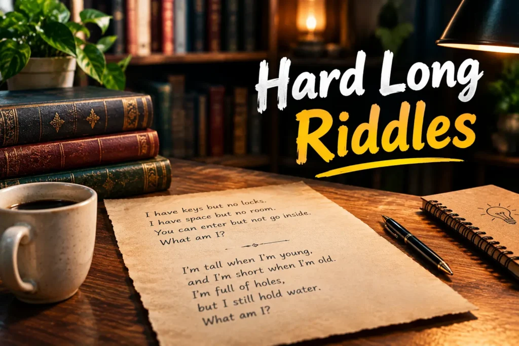 Hard long riddles displayed on parchment with books, coffee, and a cozy puzzle-solving desk