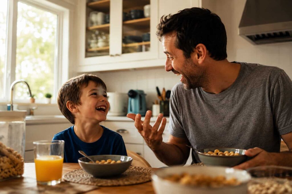 Smiling father and young son laughing together over breakfast at a cozy kitchen table as the dad tells a funny joke in warm morning sunlight.