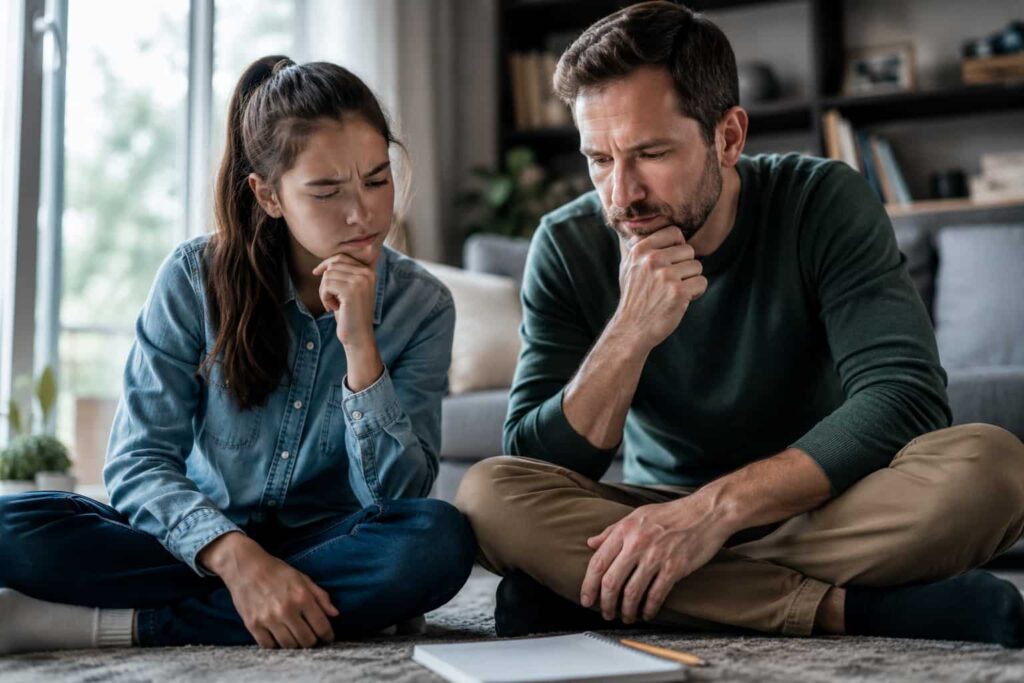 Father and pre-teen daughter sitting on the living room floor, thoughtfully solving a riddle together in natural daylight.
