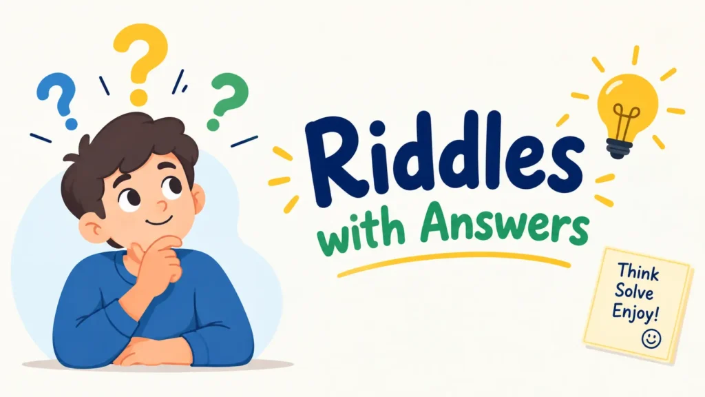 Riddles with answers featuring fun brain teasers and puzzle illustrations