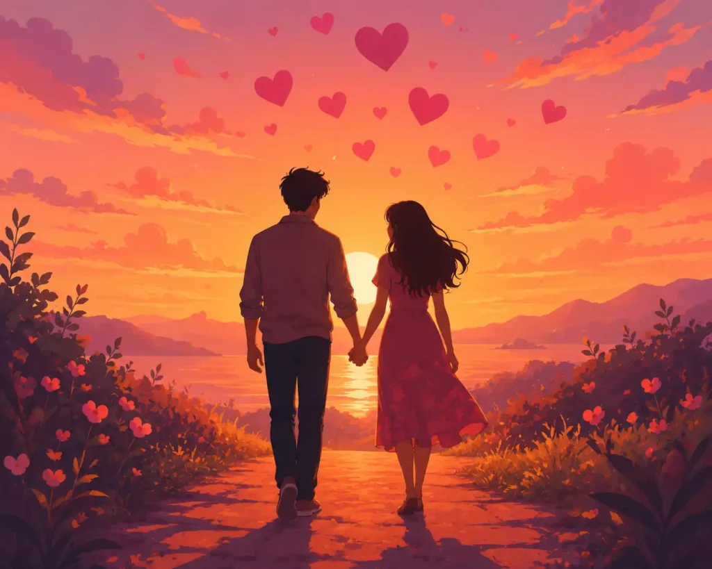 Romantic flat illustration of a couple walking hand in hand into a golden sunset with floating hearts, perfect for a love riddles article.