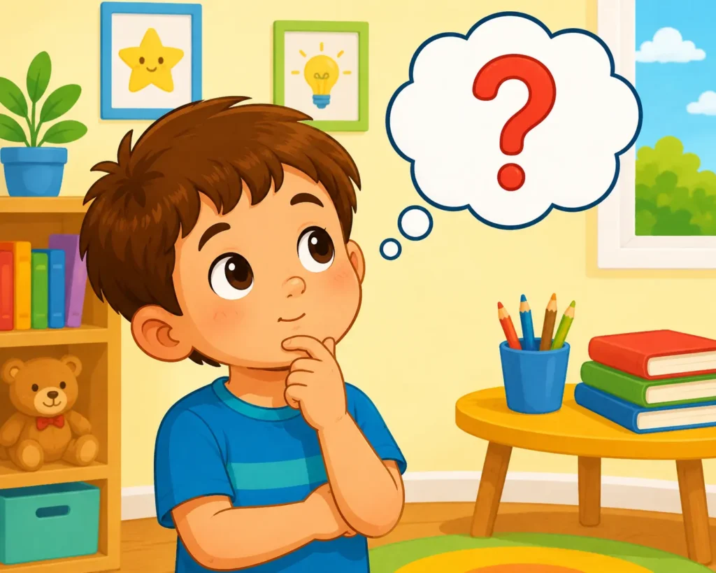 Little kid thinking of easy riddles for kids
