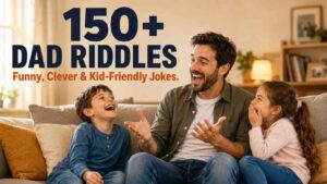 Father laughing with his kids while telling a dad riddle at home