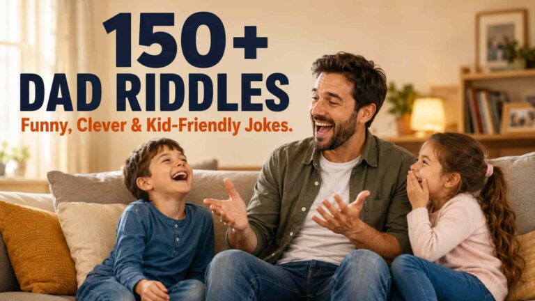 Father laughing with his kids while telling a dad riddle at home