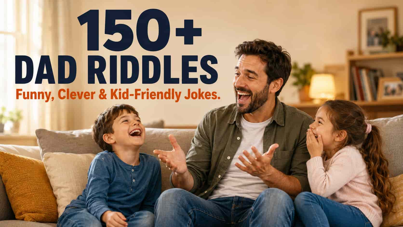 Father laughing with his kids while telling a dad riddle at home