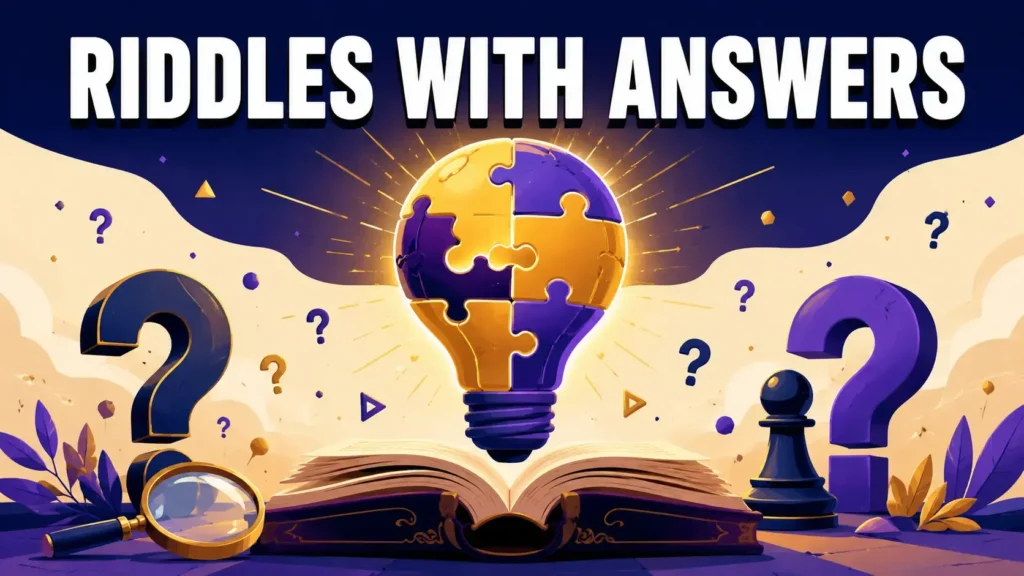 Riddles with answers blog banner featuring a glowing lightbulb, puzzle pieces, and open book illustration