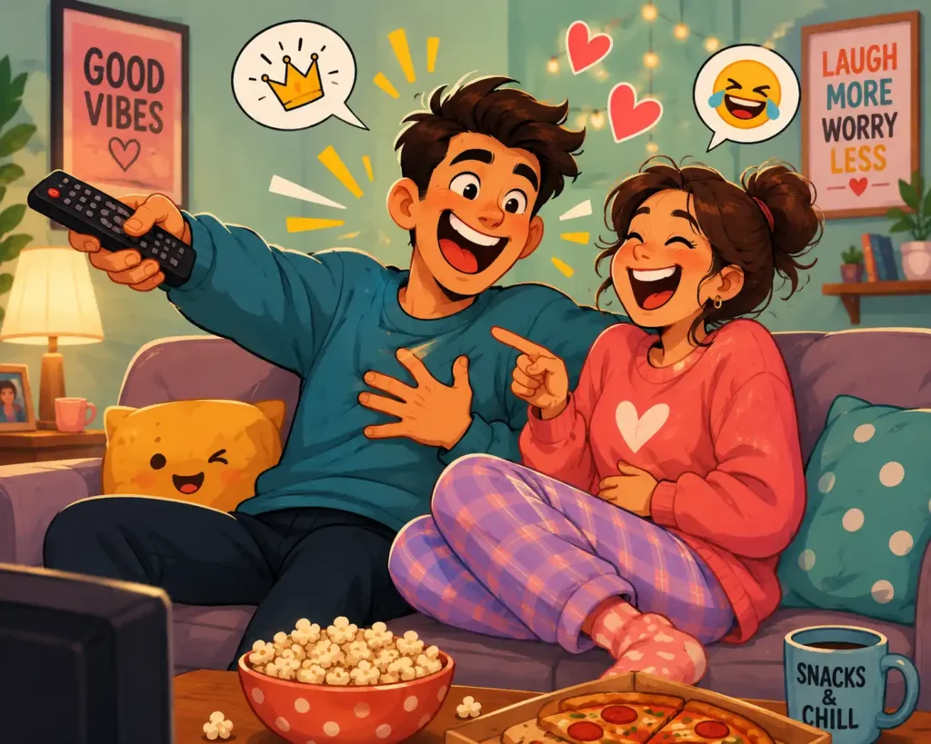 Bright cartoon illustration of a cheerful couple laughing on a couch while holding a TV remote, perfect for a love riddles article.