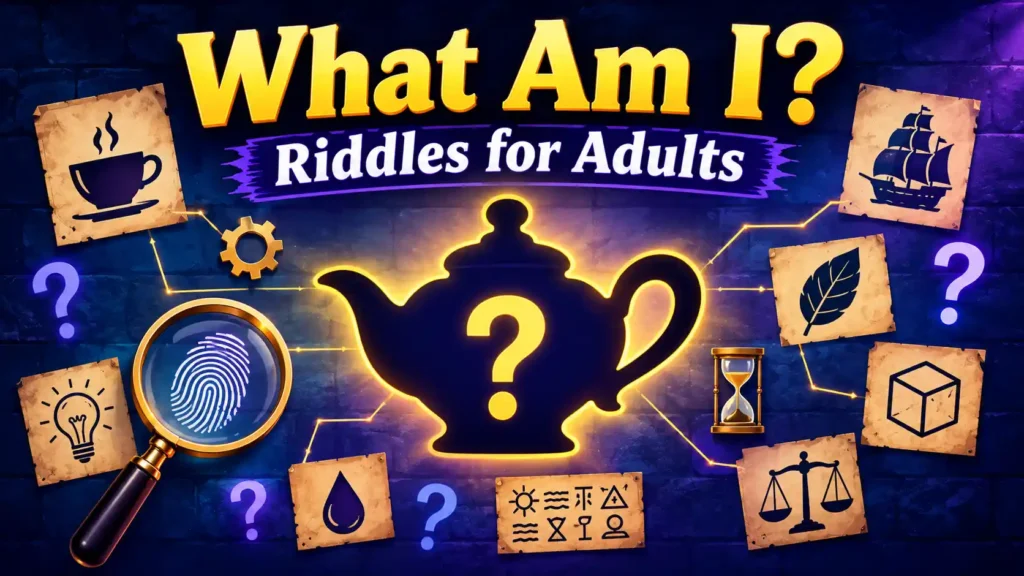 What Am I? Riddles for Adults – mystery wall with hidden clues and guessing challenge