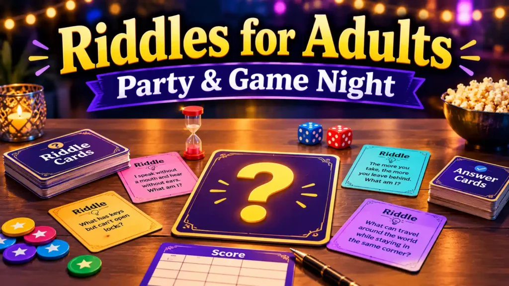Riddles for Adults Party & Game Night – colorful riddle cards, dice, timer, and score tokens