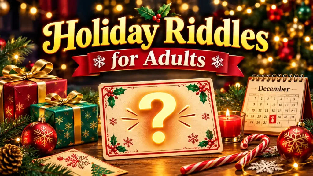Holiday Riddles for Adults – festive riddle card with Christmas gifts, ornaments, and holiday clues