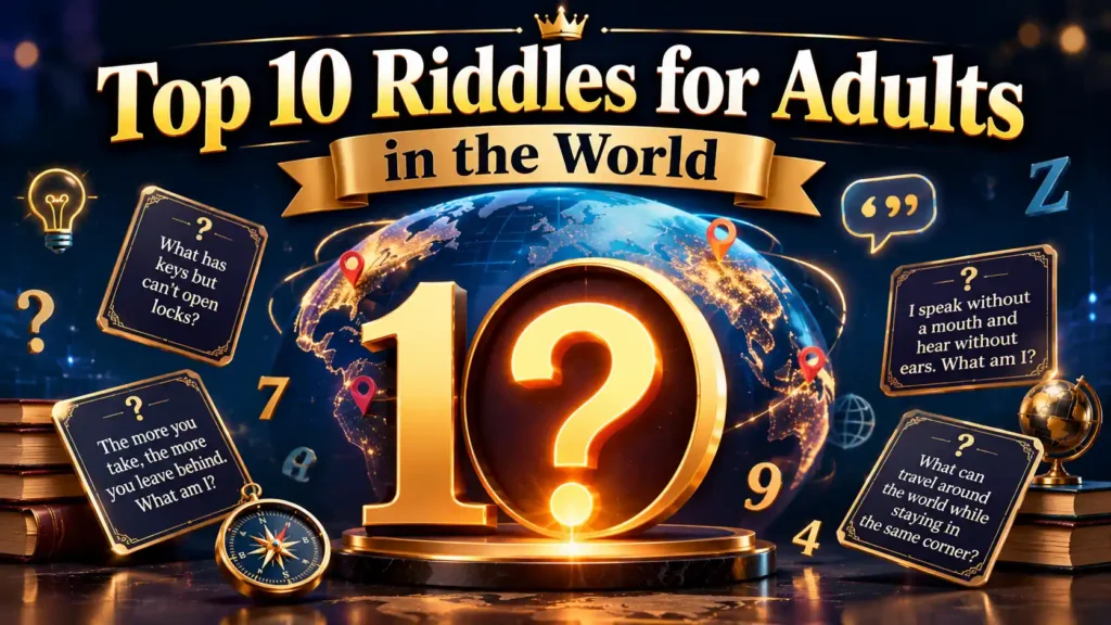 Top 10 Riddles for Adults in the World – global brain challenge with a glowing question mark and globe