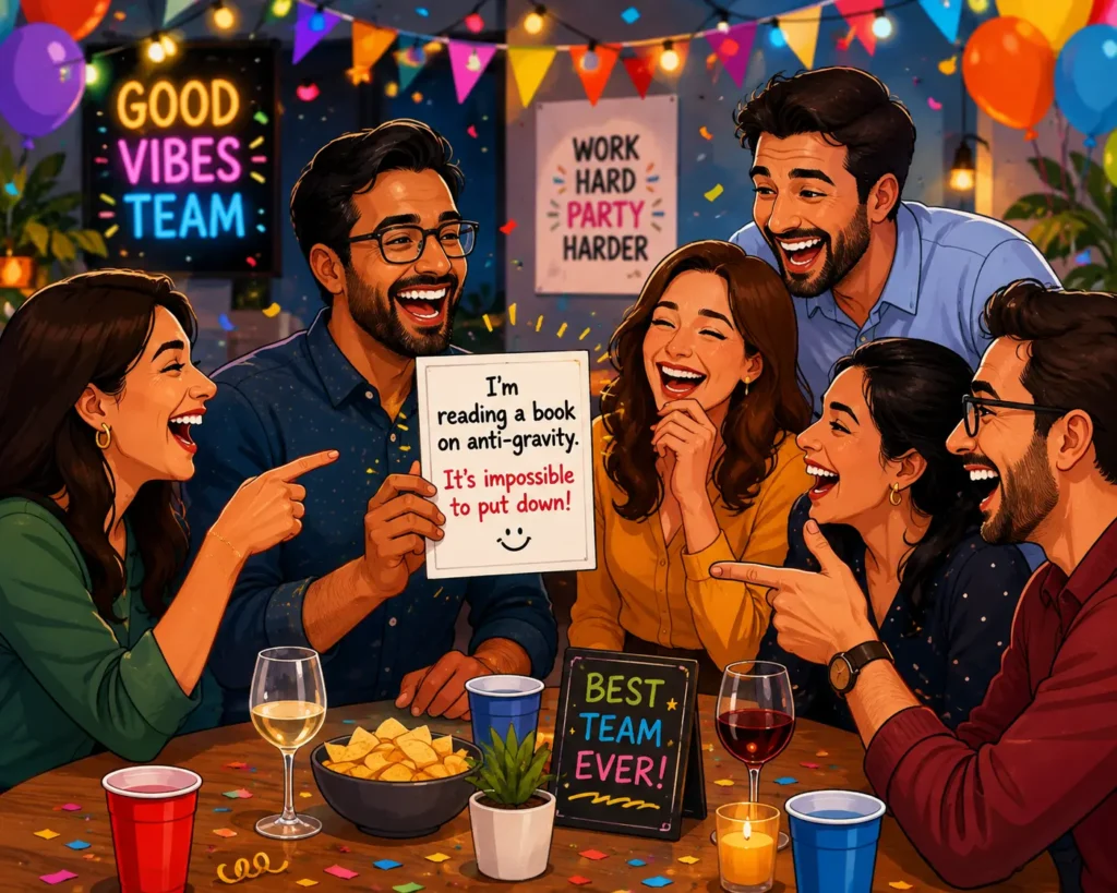 Group laughing at funny riddles for adults with answers and puns