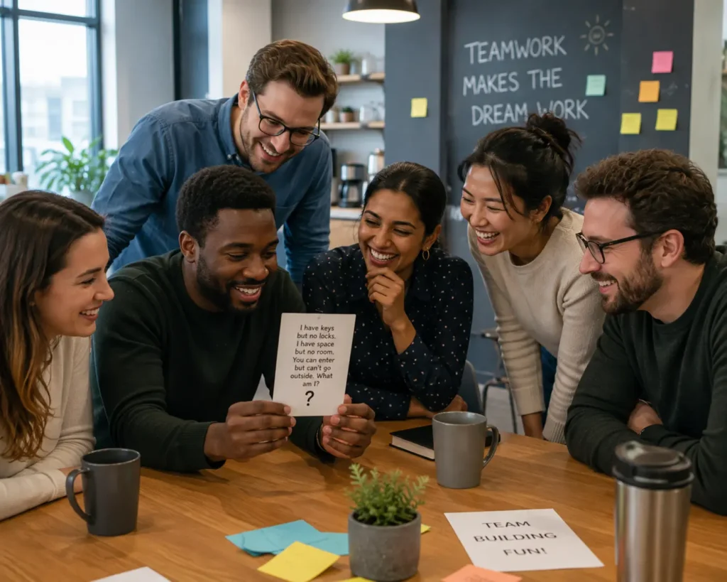 Coworkers enjoying party and work riddles for adults during break