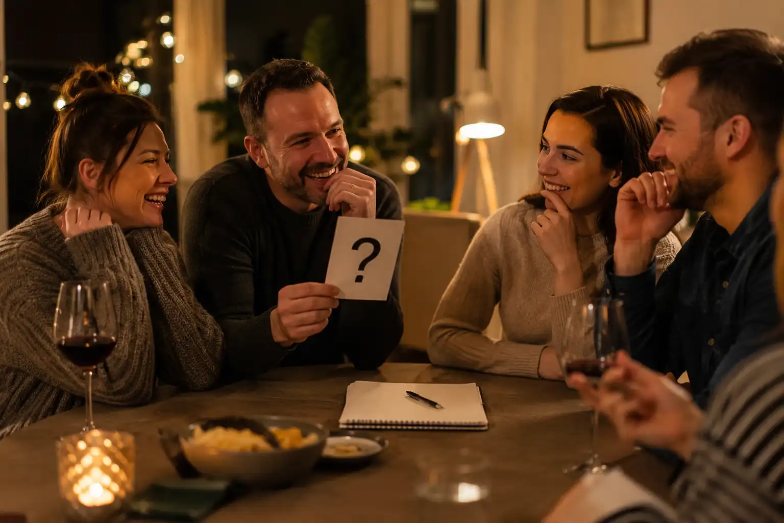 Adults solving fun riddles for adults with answers around a dinner table