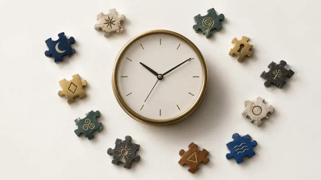 Analog clock surrounded by puzzle pieces for riddles about time
