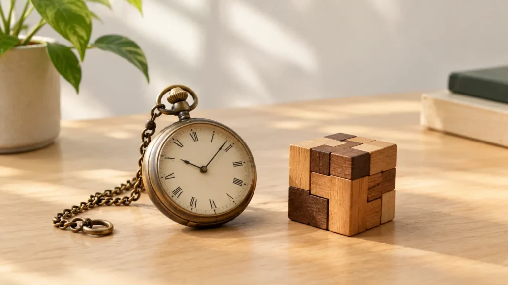 Vintage pocket watch beside a wooden puzzle cube for time riddles