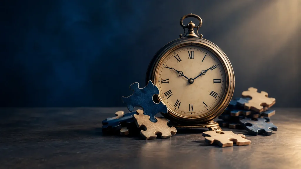 Vintage pocket watch beside a wooden puzzle cube for time riddles with answers