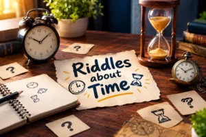 Riddles about time with clocks, hourglass, and challenging puzzle clues
