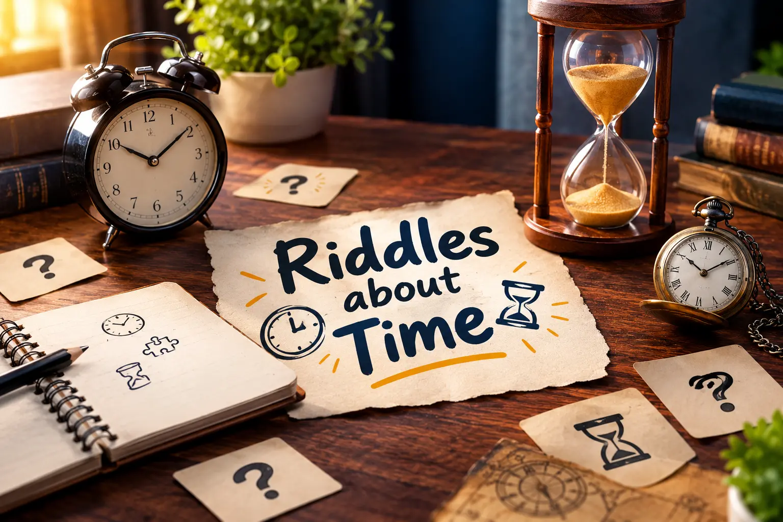 Riddles about time with clocks, hourglass, and challenging puzzle clues